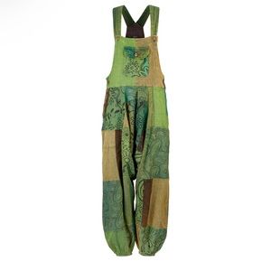 Patchwork printed cotton harem dungarees